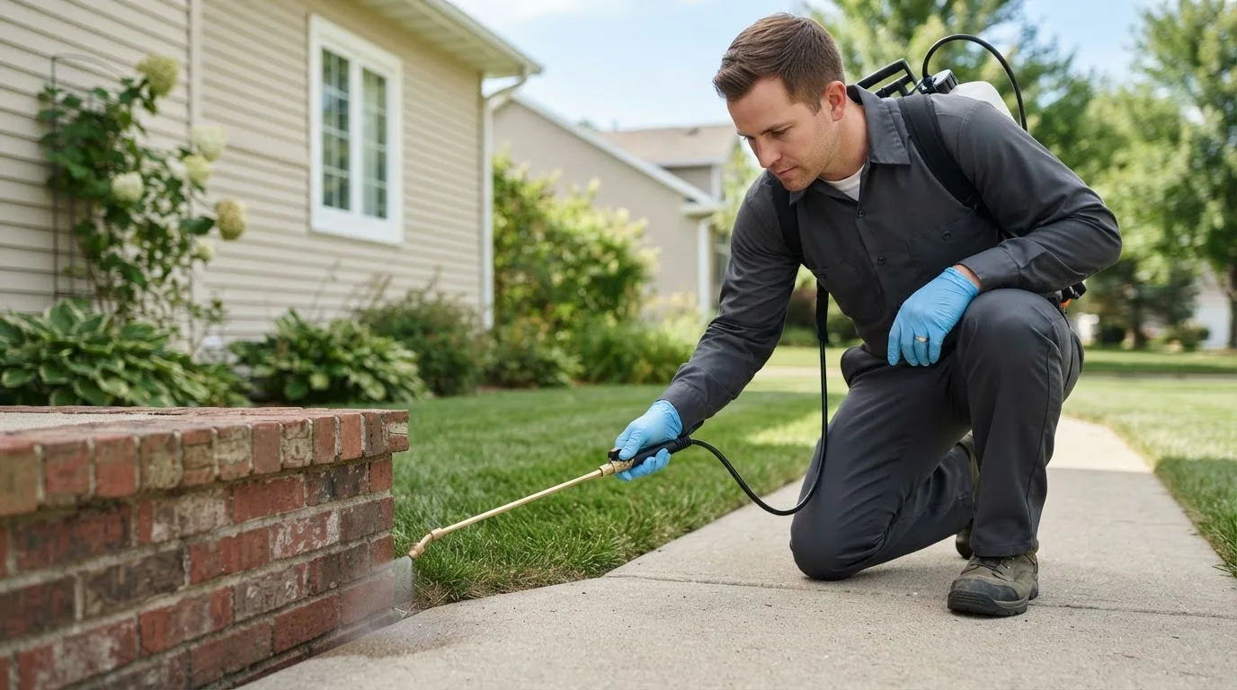 Pest control technician treating a home near Middletown, CT